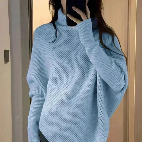 Blue Casual Women's High Neck Batwing Sleeve Sweater - Picture 1 of 8
